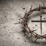 Cross Made From Rusty Nails With Crown Of Thorns And Blood Droplets On Stone Floor - Crucifixion And Resurrection Concept