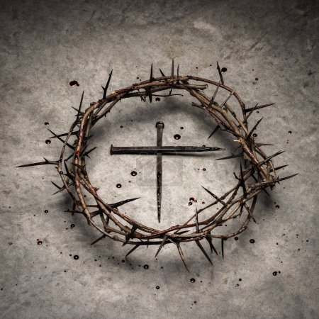 Photo for Cross Made From Rusty Nails With Crown Of Thorns And Blood Droplets On Stone Floor - Crucifixion And Resurrection Concept - Royalty Free Image