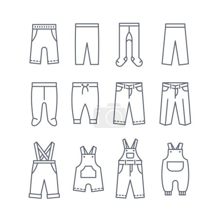 Illustration for Baby cloth thin line icons. Kids clothing simple linear pictograms. Pants, jeans, sweatpants, leggings and bodysuits. Children wardrobe garments. Outfit for newborn child, toddler, little boy or girl - Royalty Free Image