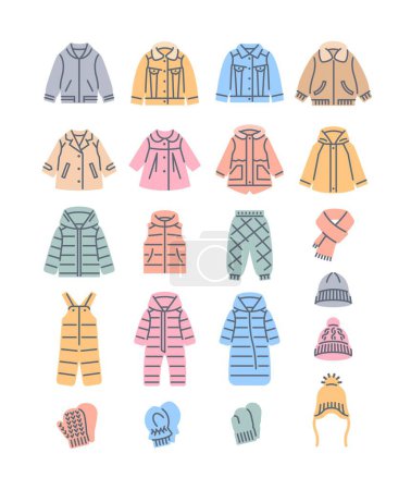 Ilustración de Bebé ropa de abrigo ropa de color de relleno iconos de línea. Chaquetas, abrigos, trajes de nieve, sombreros y mitones. Pictogramas de color de la ropa de niño. Armario de niños. Traje básico de invierno para niños pequeños, niños pequeños o niñas - Imagen libre de derechos
