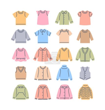 Baby cloth color fill line icons. Simple linear pictograms of kids clothing. Different shirts, sweaters, cardigans and vests. Outline children wardrobe garment. Outfit for toddler, little boy or girl