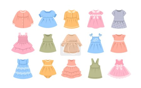Illustration for Baby girl dresses color flat icons. Different dresses and sundresses with long and short sleeve, for everyday and special occasion. Simple colorful pictograms of children cloth. Little girl wardrobe - Royalty Free Image