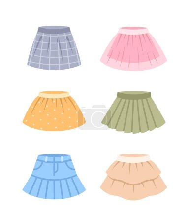 Illustration for Baby girl skirts color flat icons. Different skirts for little girl. Pleated, plaid skirt, flounce, denim, chiffon skirt. Simple cartoon pictograms of children clothes. Little princess wardrobe - Royalty Free Image