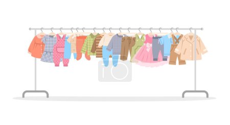 Illustration for Baby clothes on a long shop hanger rack. Little boy and girl different garments hanging on store hanger stand. Children dresses, shirts, pants and coat. Flat cartoon illustration. Sale or second hand - Royalty Free Image