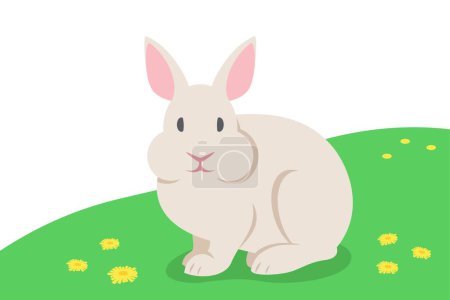 Illustration for Cute little rabbit sitting on the green grass. Domestic farm animal. Flat cartoon illustration of bunny. Spring meadow background - Royalty Free Image