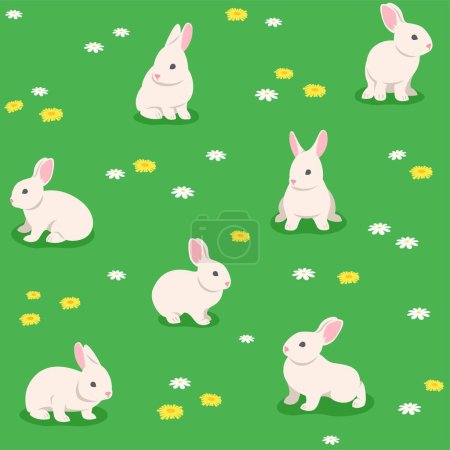 Illustration for Playful bunnies in the spring flower meadow. Seamless pattern of cute little rabbits playing in green grass. Simple adorable cartoon illustration - Royalty Free Image