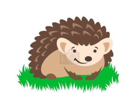 Illustration for Cute smiling little hedgehog sitting in green grass. Simple flat illustration. Isolated on white - Royalty Free Image
