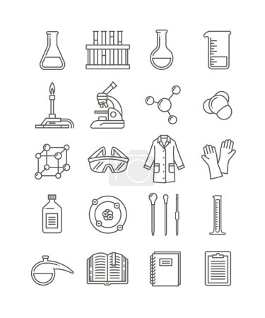 Illustration for Chemistry lab outline icons. Chemical laboratory equipment linear symbols. Chemistry class, school subject glyphs. Thin line pictograms of microscope, flask, burner, safety goggles, lab coat, molecule, pipette, atom, test tubes - Royalty Free Image