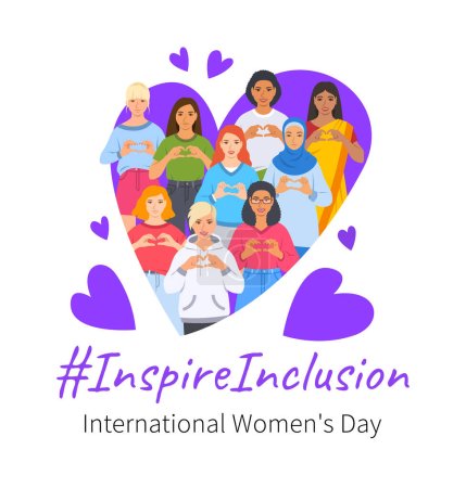 Ilustración de Inspirar pose campaña de inclusión. Banner temático del Día Internacional de la Mujer 2024. Las mujeres sonrientes y diversas hacen símbolo del corazón con las manos para detener la discriminación y los estereotipos. Género mundo inclusivo - Imagen libre de derechos