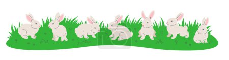 Illustration for Cute little bunnies playing in green meadow. Hand drawn linear cartoon baby rabbits in different poses sitting in green grass. Horizontal header banner - Royalty Free Image
