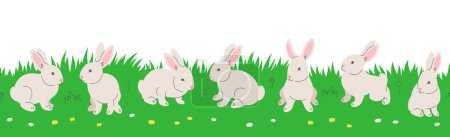 Illustration for Cute little bunnies playing in green meadow. Hand drawn linear cartoon baby rabbits in different poses sitting in green grass. Horizontal header banner. Seamless border pattern - Royalty Free Image