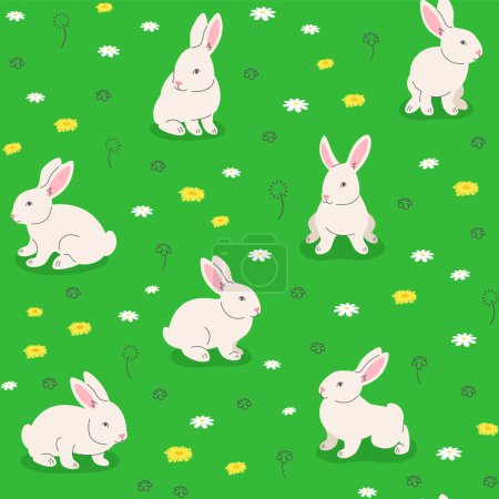 Illustration for Cute smiling little bunnies playing in the green meadow. Seamless background pattern. Hand drawn cartoon baby rabbits in different poses having fun in green grass - Royalty Free Image