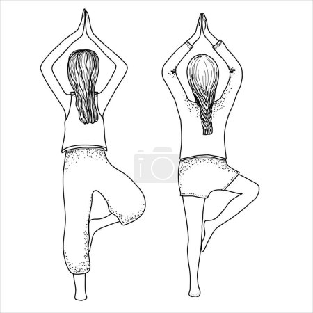 Illustration for Yoga girl, young women in yoga pants on the beach. Happy holiday. Stock illustration. Hand painted, line art. - Royalty Free Image