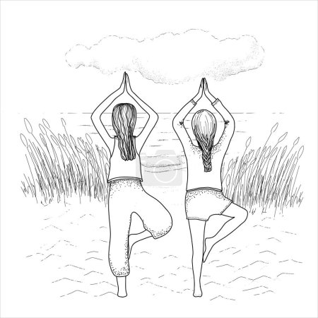 Illustration for Yoga girl, young women in pants on the beach. Happy holiday. Stock illustration. Hand painted, line art. - Royalty Free Image