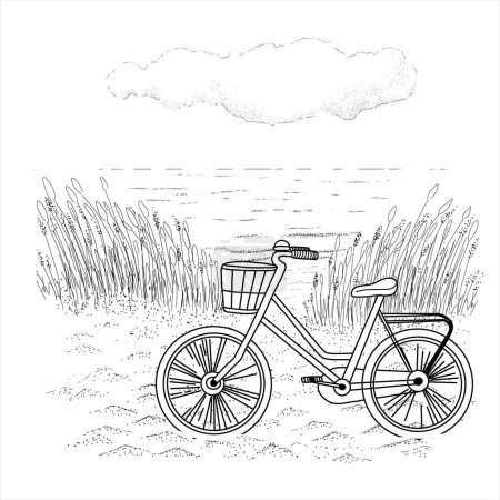 Illustration for Retro bicycle on the beach. Happy holiday. Stock illustration. Hand painted, line art. - Royalty Free Image