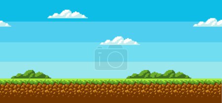 Ilustración de Arte píxeles de fondo. diseño de interfaz de juego en diseño 2D, cielo azul, nubes blancas, hierba verde en el suelo. decoraciones ambientales. ilustración vectorial eps 10 - Imagen libre de derechos