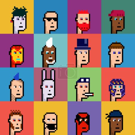 Téléchargez les illustrations : Jeu de visages en style pixel. Collection TVN. Des têtes de personnages différents. Vecteur eps 10. - en licence libre de droit