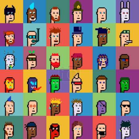 Illustration for Set of faces in pixel style. NFT collection. Heads of different characters. Vector eps 10. - Royalty Free Image