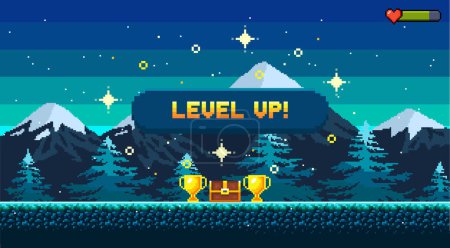 Pixel art game background with button level up. Game design concept in retro style. Vector illustration. Game screen pixel.