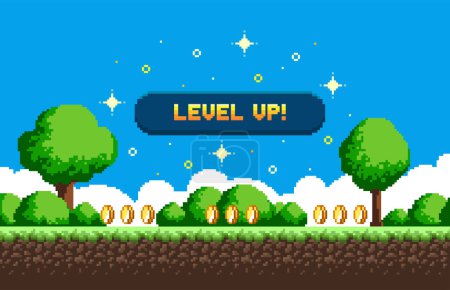 Illustration for Pixel art game background with button level up. Game design concept in retro style. Vector illustration. Game screen pixel. - Royalty Free Image