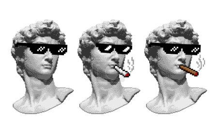 Illustration for Head of statue, pixelated sunglasses and cigarette. David sculpture bust illustration in pixel art style isolated on white background. Thug attributes - Royalty Free Image