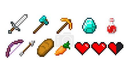 Illustration for Set of vector pixel objects. Objects for a pixel game. Vector illustration. Potion bottles, diamond, sword, torch, food and heart - Royalty Free Image