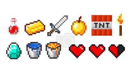 Set of vector pixel objects. Objects for a pixel game. Vector illustration. Gold bar, dynamite, diamond, sword, torch and heart