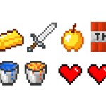Set of vector pixel objects. Objects for a pixel game. Vector illustration. Gold bar, dynamite, diamond, sword, torch and heart