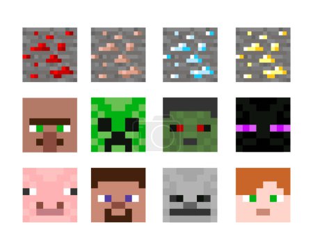 Illustration for 8 bit skins of characters and game items in a game style. Large set of colored pixel masks. Isolated on white background, Vector illustration EPS 10. - Royalty Free Image