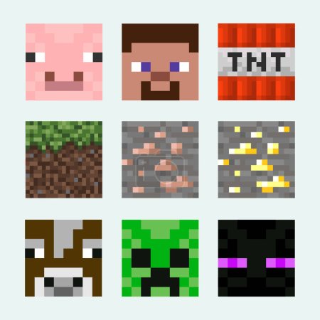 8 bit skins of characters and game items in a game style. Large set of colored pixel masks. Isolated on white background, Vector illustration EPS 10.