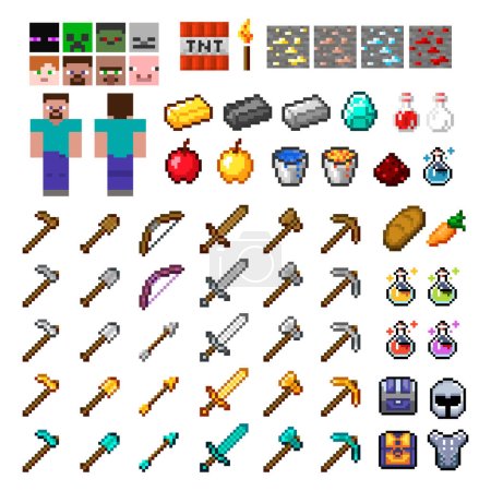 Set of vector pixel objects. Objects for a pixel game. Vector illustration