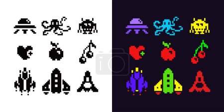 Starship and monsters pixel art 1-bit icon set, black and white emoji, heart, apple and cherry. Isolated vector illustration. Design for mobile application.