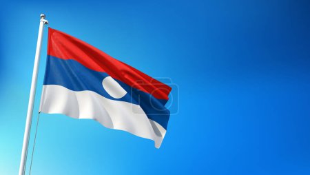 Laos Flag Flying on Blue Sky Background 3D Render