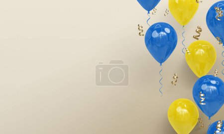 Heller Hintergrund mit realistischen blauen und gelben Luftballons Celebration 3D Render