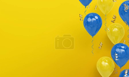 Téléchargez les photos : Fond jaune avec réalistes ballons bleus et jaunes célébration 3D Render - en image libre de droit