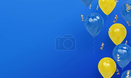 Foto de Fondo azul con celebración realista de globos azules y amarillos 3D Render - Imagen libre de derechos