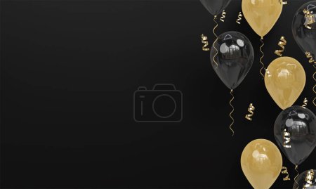 Foto de Fondo negro con celebraciones realistas de globos negros y dorados 3D Render - Imagen libre de derechos