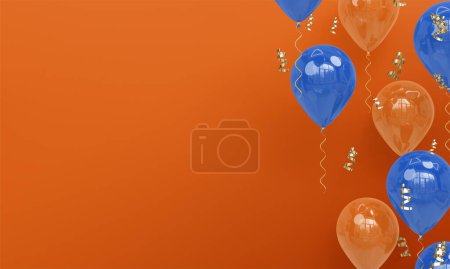 Orangefarbener Hintergrund mit realistischem blauem und orangefarbenem Ballon Celebration 3D Render