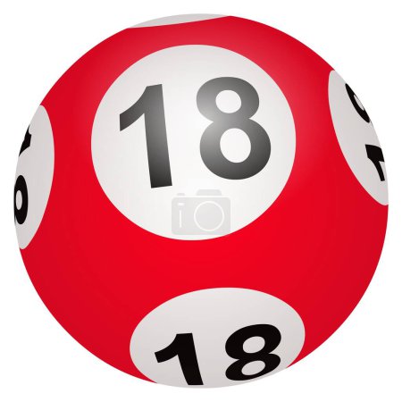 3D Lottokugel Nummer 18 auf weißem Hintergrund