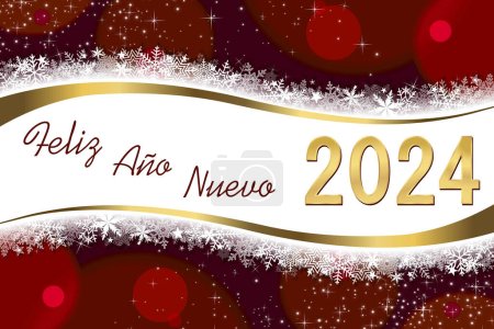 Tarjeta de felicitación con texto en español Feliz Año Nuevo 2024