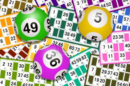 Montón de cartas y bolas de lotería