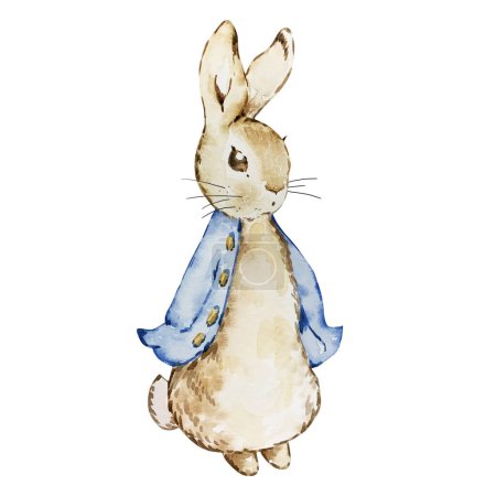 Foto de Acuarela lindo conejo en una chaqueta azul para el diseño de la tarjeta y la impresión - Imagen libre de derechos