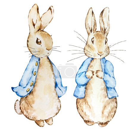 Foto de Dos conejos lindos acuarela en una chaqueta azul para postales de diseño e impresión - Imagen libre de derechos