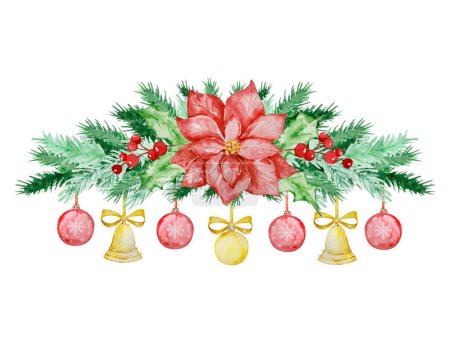 Foto de Acuarela marco de Navidad de ramas de abeto y pino con decoraciones para el diseño de invierno - Imagen libre de derechos