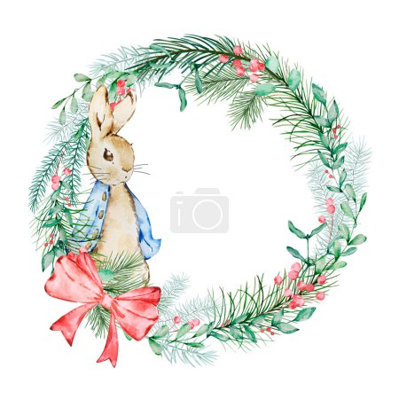 Watercolor Peter Rabbit with a wreath of winter greenery for a holiday baby shower