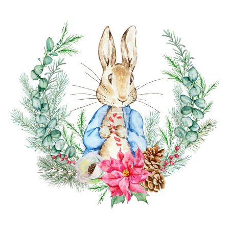 Foto de Acuarela Peter Rabbit con una corona de vegetación de invierno para una fiesta baby shower - Imagen libre de derechos