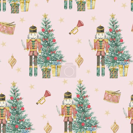 Photo for Watercolor Christmas seamless pattern with soldier, Christmas tree and toys for festive design - Royalty Free Image