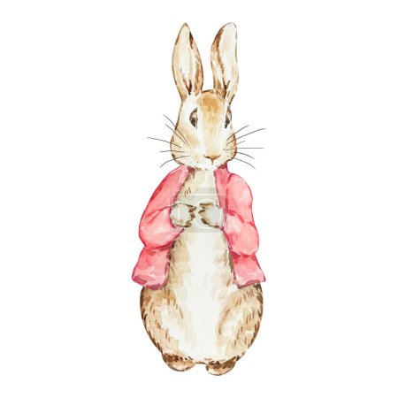 Watercolor Peter Rabbit in red jacket for baby shower design