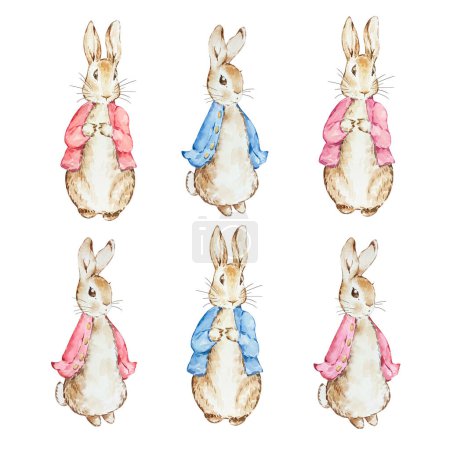 Set of Watercolor cute Peter Rabbits in red and blue jacket for baby design