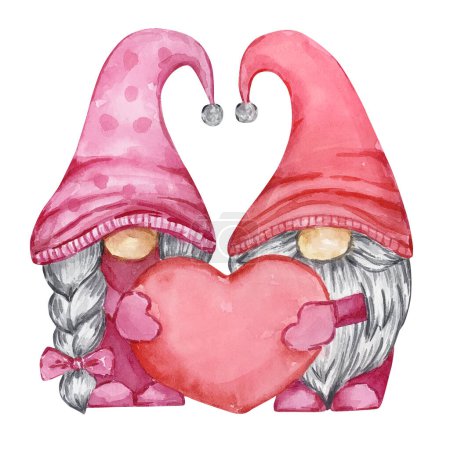 Téléchargez les photos : Aquarelle Saint Valentin deux gnomes avec coeur pour la conception de vacances - en image libre de droit